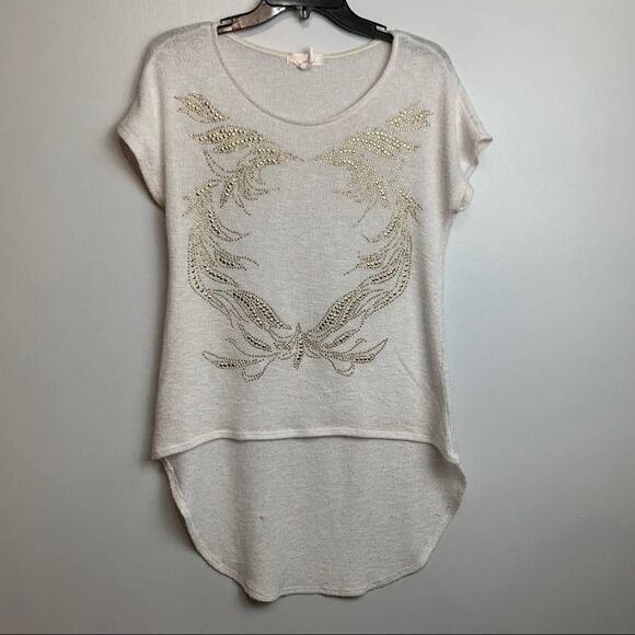 Mandee Solid White & Gold High Low Short Sleeve Blouse Beaded Round Neck size M - Picture 8 of 8